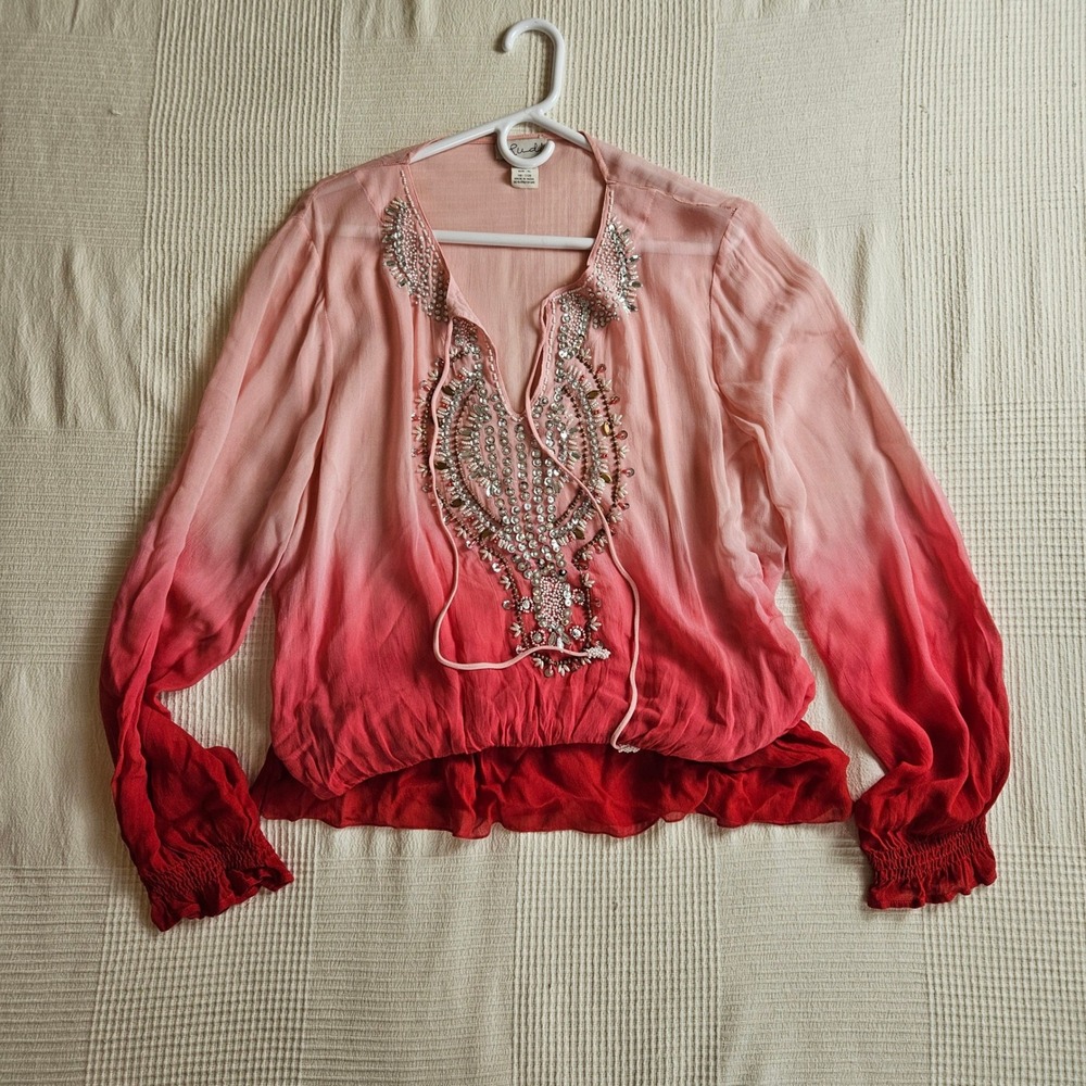 Ludi Pink Red Ombre Beaded Desert Boho Smocked Waist Long Sleeve Festival Top XL - Picture 4 of 12